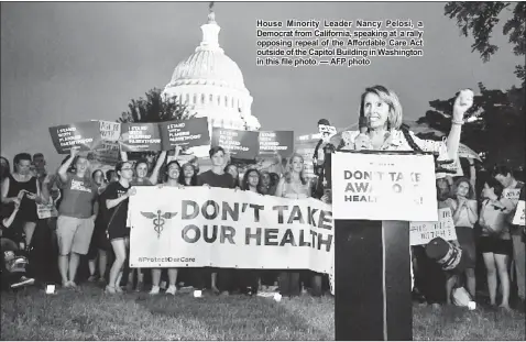  ??  ?? House Minority Leader Nancy Pelosi, a Democrat from California, speaking at a rally opposing repeal of the Affordable Care Act outside of the Capitol Building in Washington in this file photo. — AFP photo