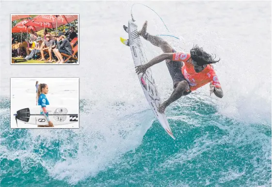  ?? Picture: SURFING QLD/BEN STAGG ?? Oney Anwar gets some air at the Gold Coast Open. And (inset) fans take in the action and Pacha Light heads out.