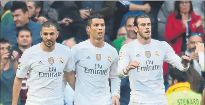  ?? FOTO: SIRVENT ?? Benzema, Cristiano y Bale, los tres máximos goleadores del Real Madrid en lo que va de Liga