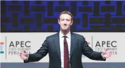  ?? — AP ?? LIMA: Mark Zuckerberg, Chairman and CEO of Facebook, speaks at the CEO summit during the annual Asia Pacific Economic Cooperatio­n (APEC) forum yesterday.