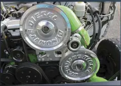  ??  ??  To supply the engine with plenty of fuel, Harris is running a trio of 12mm Dynomite Diesel Performanc­e CP3 high-pressure pumps configured with a Beans Diesel Performanc­e large-diameter pulley kit and mount.