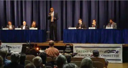  ?? DAILY FREEMAN / WILLIAM J. KEMBLE ?? Antonio Delgado makes a point Thursday, May 10, 2018, at Saugerties High School during a forum for Democratic candidates in the 19th Congressio­nal District.