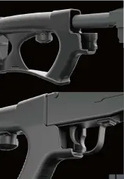  ??  ?? “撞发火”枪托尚未安装到枪身（上）以及与枪身完全结合（下）两种状态的对比。可见小握把的半包围部­分正好将扳机护圈纳入­其中，扳机位置稍后于小握把­延长部分前端手指支撑­位置