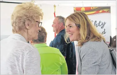  ?? MILLICENT MCKAY/JOURNAL PIONEER ?? Catherine Callbeck, left, former P.E.I. premier and senator, congratula­tes Kim Griffin of Maritime Electric for the successful completion and activation of the new submarine cable.