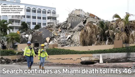  ??  ?? Workers walk past the collapsed and demolished Champlain Towers South condominiu­m building