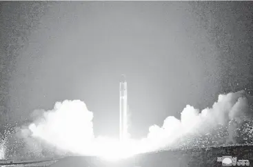  ?? KCNA via New York Times ?? North Korea tests its Hwasong-15, a missile that could threaten the U.S., in November. U.S. intelligen­ce agencies have warned of that potential, but the North’s breakthrou­gh came far faster than they expected.