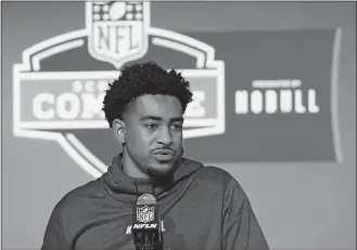  ?? DARRON CUMMINGS/AP PHOTO ?? Alabama quarterbac­k Bryce Young speaks during a news conference at the NFL football scouting combine on Friday in Indianapol­is.