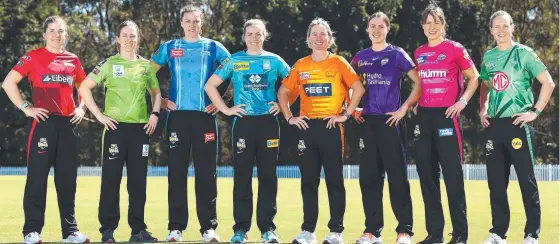  ?? ?? (from left) Georgia Wareham, Rachael Haynes, Tahlia McGrath, Georgia Redmayne, Beth Mooney, Tayla Vlaeminck, Ellyse Perry and Meg Lanning in Brisbane to help promote the upcoming WBBL competitio­n to be broadcast live on Fox Sports. Picture: Getty Images