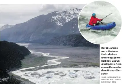  ?? BILDER: SN/WRANGELL/ST. ELIAS NATIONAL PARK & PRESERVE, SVEN SCHELLIN (OBEN) ?? Der 22-Jährige war mit einem Packraft-Boot unterwegs (Symbolbild). Das Unglück passierte in einem Fluss nahe dem Nizina-Gletscher.