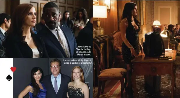  ??  ?? Idris Elba es Charlie Jaffey, el abogado de Molly Bloom.
La verdadera Molly Bloom junto a Sorkin y Chastain.