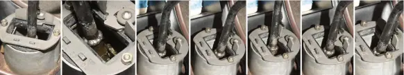  ??  ?? This gear lever – like many – has been repaired at some time. Final sequence shows how tag on side of lever interacts with matching tags on baseplate and spring-loaded pawl to allow fast and safe movement from fourth to fifth, and back to fourth....