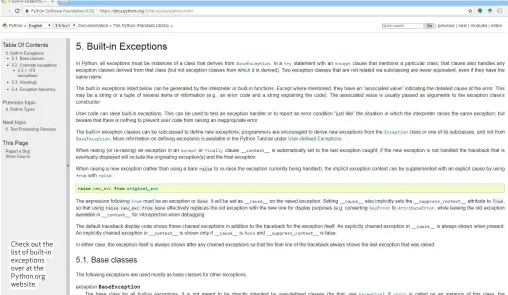  ??  ?? Check out the list of built-in exceptions over at the Python.org website.