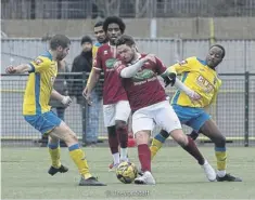  ?? ?? Harvey Whyte on the ball for the Rocks at Haringey | Picture: Trevor Staff