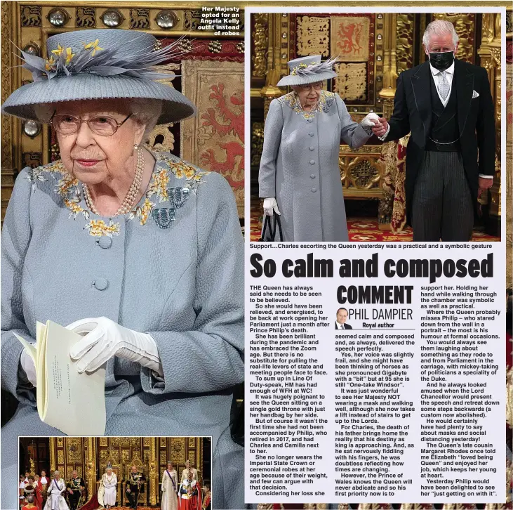  ??  ?? Her Majesty opted for an Angela Kelly outfit instead of robes