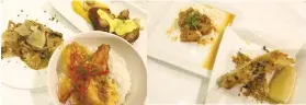  ?? SUNSTAR FOTOS / JUJEMAY G. AWIT ?? SAMPLERS. (Left photo) from left, sambalspic­ed porcini and mixed mushroom farfalle, salted egg prawns with rice and ginataang chicken adobo; (right photo) from left, sinuglaw sa aligue and parmesan-crusted chicken breast,