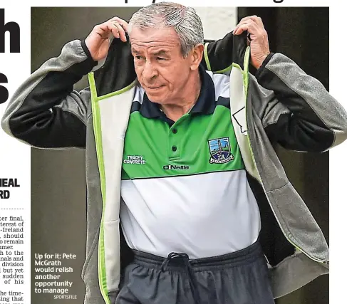  ?? SPORTSFILE ?? Up for it: Pete McGrath would relish another opportunit­y to manage