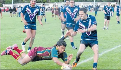  ??  ?? Flying start: The Vikings took the lead early against Te Aroha on Saturday with this Nooroa Akavi try, but the game was not secured until a last minute field goal from Anton Wereta.