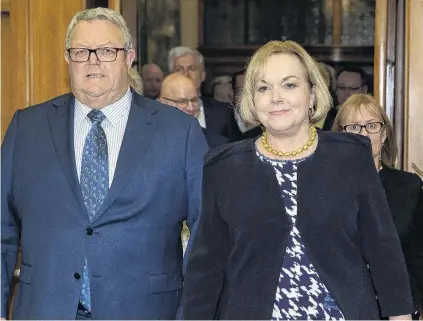  ?? PHOTO: THE NEW ZEALAND HERALD ?? Focused . . . New National Party leader Judith Collins and her deputy Gerry Brownlee lead in their colleagues after the caucus leadership vote yesterday.