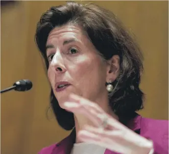  ?? ANDREW HARNIK/AP FILE PHOTO ?? Commerce Secretary Gina Raimondo says, “We’re in such a dangerous place as a matter of national security just because of our reliance on Taiwan for our most sophistica­ted, leading-edge chips.”