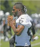  ?? ERIC RISBERG/ASSOCIATED PRESS FILE PHOTO ?? Raiders wide receiver Antonio Brown took part in a June minicamp in Alameda, Calif. The former Steelers receiver has argued that he should be allowed to use an old, outdated helmet or he won’t play anymore. A decicion is expected soon on his demand.