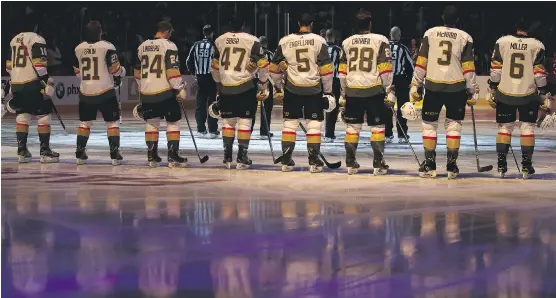  ?? CHRISTIAN PETERSEN/GETTY IMAGES ?? The Vegas Golden Knights, seen before last week’s game against the Arizona Coyotes, will line up for the first time on home ice Tuesday.