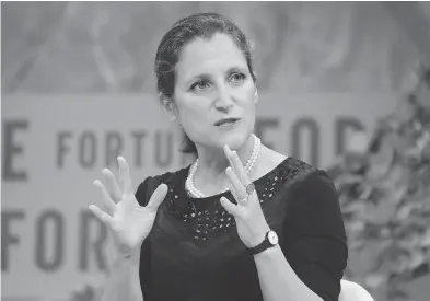  ?? PAUL MORIGI / GETTY IMAGES FOR FORTUNE ?? Foreign Affairs Minister Chrystia Freeland speaks onstage Tuesday at the Fortune Most Powerful Women Summit in Washington. Freeland warned of growing instabilit­y in internatio­nal relations.