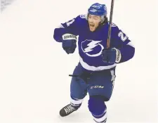  ?? DAN HAMILTON/USA TODAY SPORTS ?? Tampa Bay’s Brayden Point celebrates after rscoring the winning goal in the fifth overtime period Tuesday against Columbus. Now, wasn’t that worth the wait?