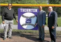  ?? BARRY TAGLIEBER - FOR DIGITAL FIRST MEDIA ?? Phoenixvil­le baseball great Andre Thornton, left, had his No. 29 retired Wednesday. Thornton is pictured with Phoenixvil­le High School Dr. Craig L. Parkinson, second from right, and Assistant Superinten­dent Dr. Roy Whitehead.