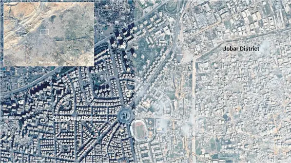  ??  ?? Satellite images show Damascus is a city truly divided; the Jobar District to the right of the sports stadium has been laid bare while al-qassaa District remains relatively unscathed