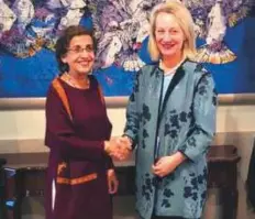  ?? Courtesy: Ministry of Foreign Affairs ?? ■ US State Department official Alice G. Wells meets Pakistan Foreign Secretary Tehmina Janjua at the Ministry of Foreign Affairs in Islamabad. yesterday.