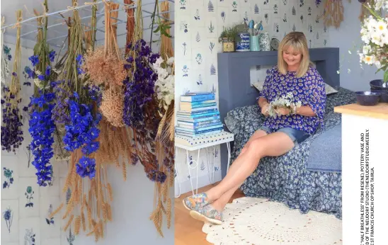  ??  ?? Lynda is more than happy with the blues in her revamped shepherd’s hut, now known as the Dried Flower Den.