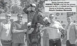  ?? Picture: Candiese Marnewick ?? Warren Kennedy aboard PERFECT PETER is led into the winners enclosure by Mr L.J. Lofstedt and Team G Racing at Scottsvill­e yesterday.