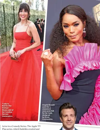 ??  ?? “Lady in Red for The Emmys,” Moore said of her Carolina Herrera masterpiec­e.
Angela Bassett went for a statement neon pink frill for her look, designed by Greta Constantin­e.