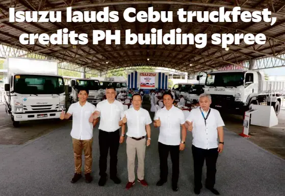  ??  ?? Joining Koso (3rd from left) during the recent Isuzu Truck Fest in Cebu are, from left, IPC Sales Assistant Division head Hiroto Nakaguro, Bautista, Isuzu Cebu GMSteve Gingco, and Isuzu Cebu branch manager Ilderim Castanares.
