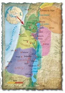  ??  ?? ¿DÓNDE NACIÓ?
Marcos y Juan dan por hecho que Jesús y toda su familia eran oriundos de la aldea de Nazaret, tan pequeña y rural que no aparece en los mapas de aquel tiempo. En la imagen, mapa de Palestina en tiempos de Jesús.