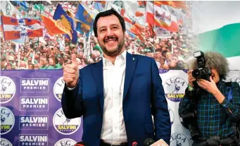  ?? Photo: AFP/Getty ?? Northern League party leader Matteo Salvini arrives at the party headquarte­rs in Milan for a press conference ahead of Italy’s general election results.