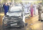  ?? HT PHOTO ?? Police said accident occurred as the driver dozed off and the car hit a stationary truck at Panjgrain, Faridkot, on Thursday.