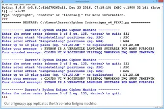  ??  ?? Our enigma.py app replicates the three-rotor Enigma machine.