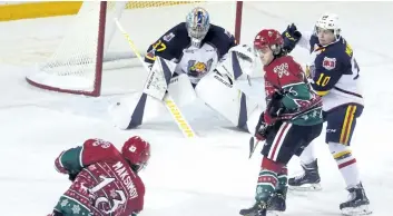  ?? BERND FRANKE/ REGIONAL SPORTS EDITOR ?? Niagara’s Kirill Maksimov, No. 13, fires the puck at Barrie goaltender Leo Lazarev in Ontario Hockey League action.