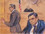  ?? JANE ROSENBERG/EFE/ZUMA PRESS ?? A drawing by Jane Rosenberg shows Mexican drug lord Joaquin “El Chapo” Guzman, right, attorney Jeffrey Lichtman, left, and justice Brian Cogan in a NY court Nov. 13.