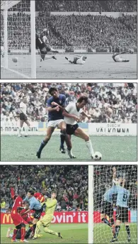  ?? PICTURES: GETTY IMAGES/PA ?? PHYSICAL BATTLE: Top, Geoff Hurst scores a third goal in the 1966 World Cup Final; middle, Italy v West Germany semi-final in 1970; above Luis Suarez handles the ball in the 2010 World Cup.