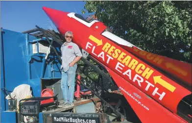  ?? ASSOCIATED PRESS ?? “Mad” Mike Hughes is shown with his homemade rocket constructe­d out of salvaged parts. Hughes plans to launch his contraptio­n on Saturday near the ghost town of Amboy, California, and reach speeds of up to 804 kilometers per hour.