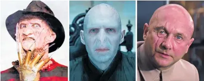  ??  ?? Robert Englund as Freddy Krueger in A Nightmare on Elm Street. Ralph Fiennes as Voldemort in Harry Potter and the Deadly Hallows. Donald Pleasence as Ernst Stavro Blofeld in the James Bond movie You Only Live Twice.