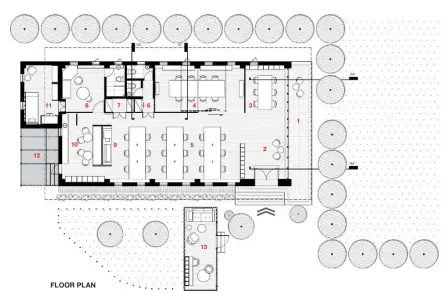  ??  ?? 1. SUMMER DECK 2. WAITING AREA 3. LIBRARY
4 MEETING ROOM 5. STUDIO 6. WASHROOMS
7. STORE
8. QUIET ROOM 9. REPROGRAPH­ICS AND PAPER PANTRY 10. PANTRY
11. STUDIO DEN 12. WINTER DECK
13. MEET- IN CONTAINER