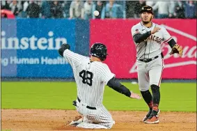  ?? MARY ALTAFFER/AP PHOTO ?? San Francisco second baseman Thairo Estrada throws to first after forcing out the Yankees’ Anthony Rizzo to complete a game-ending double play on Saturday at Yankees Stadium. San Francisco won, 7-5.