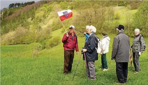  ??  ?? Der Dohlenstei­n unterhalb der Leuchtenbu­rg ist für die Wanderfreu­nde vom Rennsteig zwar eher ein Hügel als ein Berg. Spaß gemacht hat es den Besuchern aus Neuhaus am Rennweg aber trotzdem. Foto: Klaus Bergmann