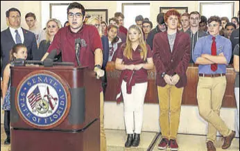  ?? AFP ?? Lorenzo Prado, a student at Marjory Stoneman Douglas High School, speaks at the Florida state capitol building in Tallahasse­e on Wednesday.