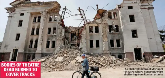  ?? ?? Air strike: Remains of Mariupol theatre where hundreds were sheltering from Russian attacks