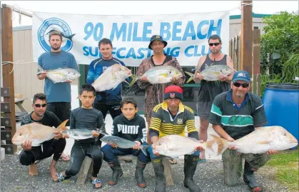  ?? PICTURE / SUPPLIED ?? Successful anglers in the 90 Mile Beach Surfcastin­g Club field day at the end of October were, from back left, Kelly Strong, Grant Foster, Stephen Beckett, Shaun Williams, Matt Becker, Mekhi Heka, Arlin Hokai, Ben Waaka and Dan Lloyd.