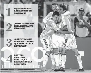  ?? ARCHIVO LA NUEVA ?? 1 1) ¿QUÉ TE GENERA LA SELECCIÓN DE SAMPAOLI? 2 ¿CÓMO FORMARÍAS EN EL DEBUT ANTE ISLANDIA? 3 ¿QUÉ FUTBOLISTA HUBIESES LLEVADO QUE NO ESTÁ EN LA LISTA DE 23? 4 LOS TRES PRIMEROS PUESTOS, LA REVELACIÓN Y LA DECEPCIÓN.